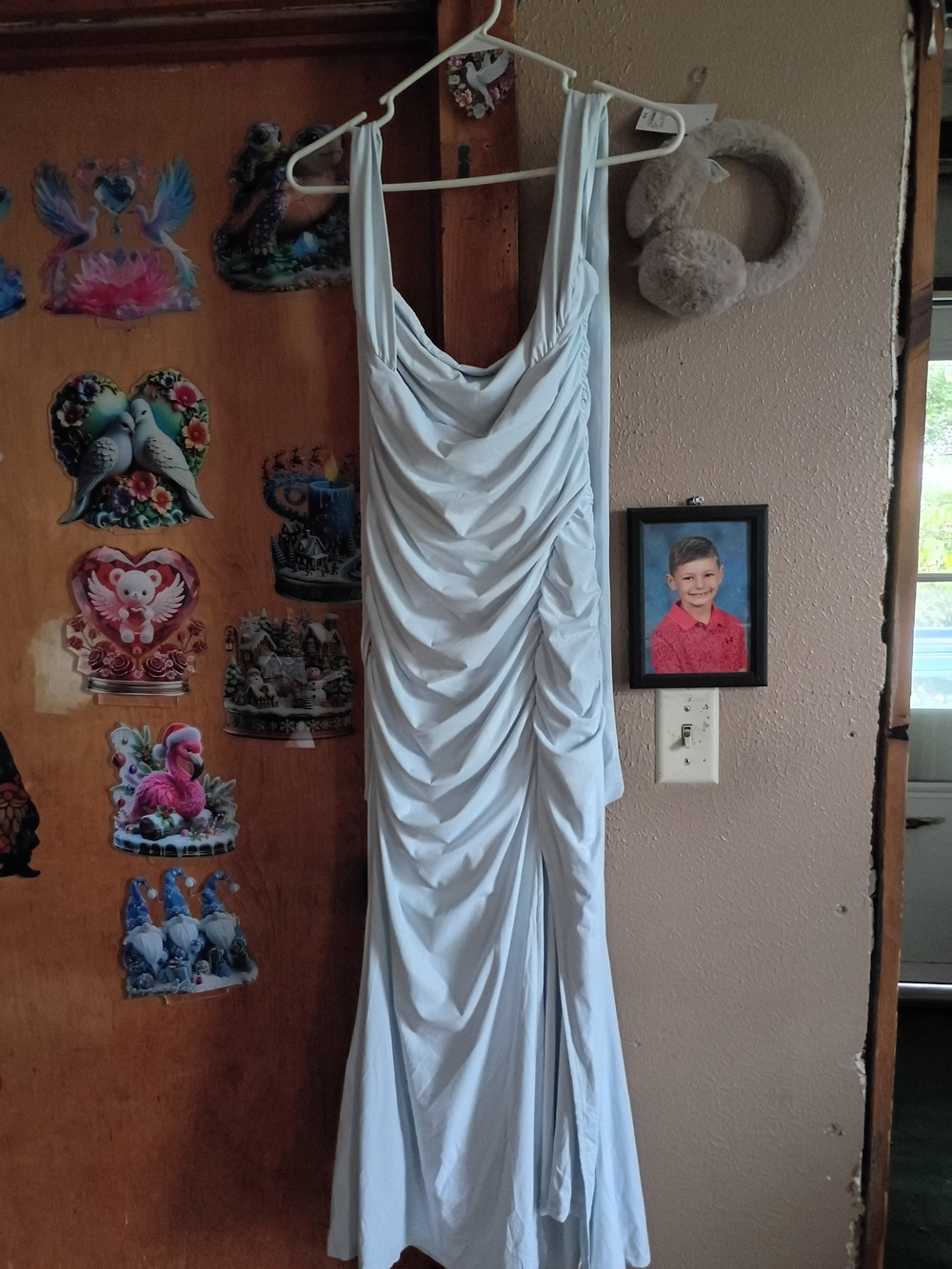 Strapless Light Blue Ruched Maxi Dress